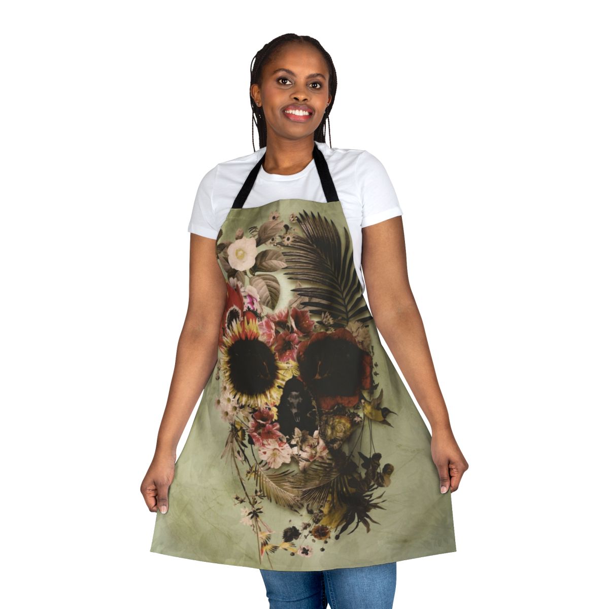 A vibrant and gothic-inspired garden skull floral apron