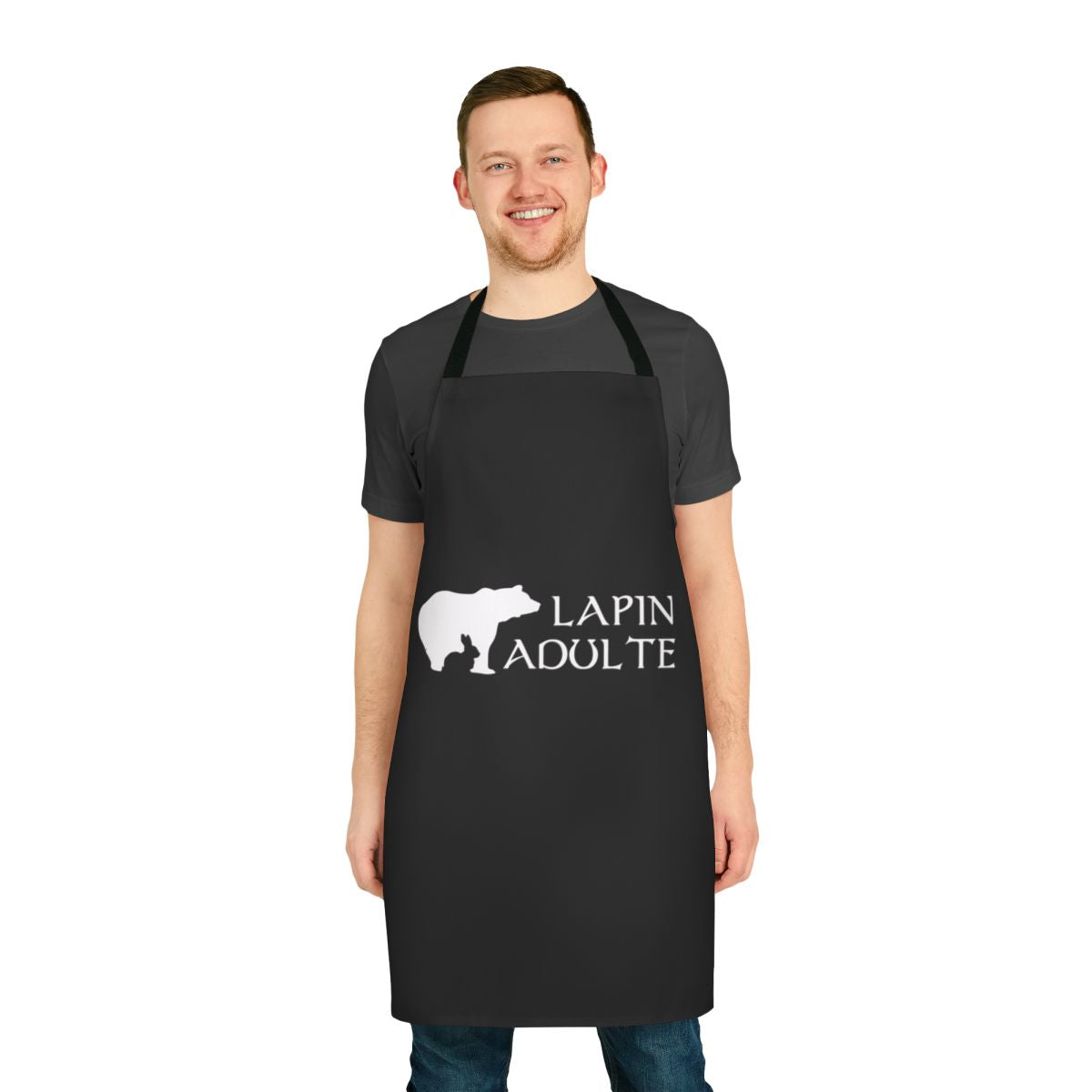 Whimsical rabbit-themed apron featuring Kaamelott characters and imagery