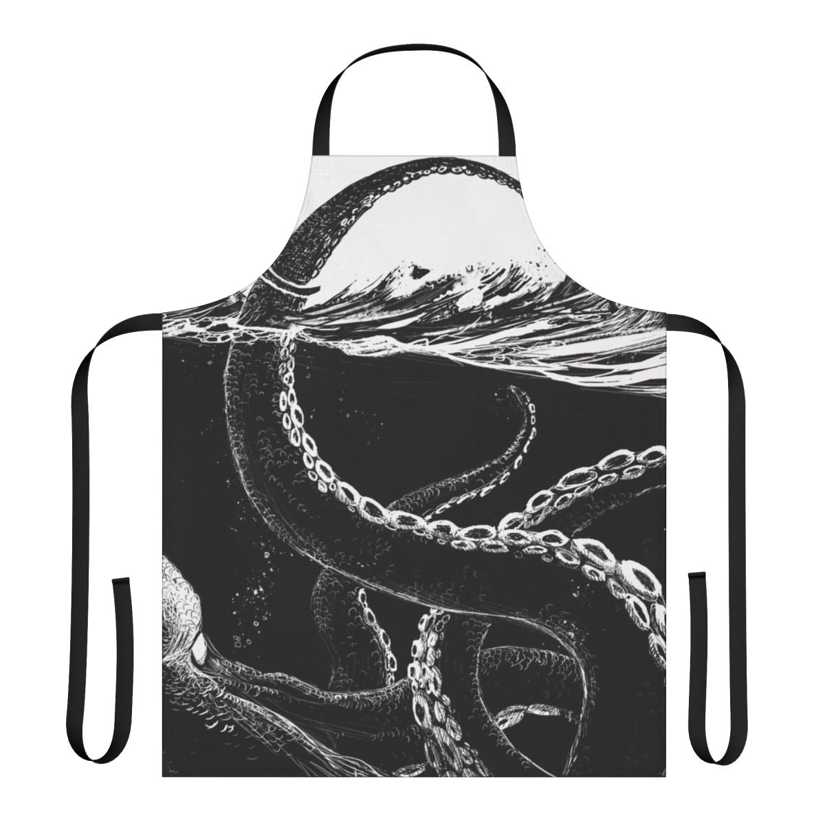 Black and white graphic of a giant kraken or sea monster with tentacles on a kitchen apron