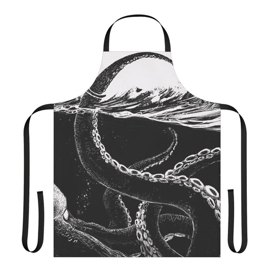 Black and white graphic of a giant kraken or sea monster with tentacles on a kitchen apron