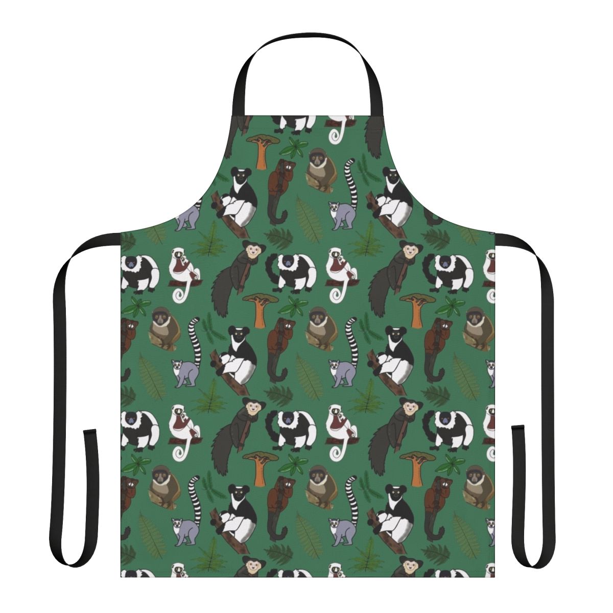 Vibrant apron featuring a playful lemur pattern, perfect for the environmentally-minded cook.