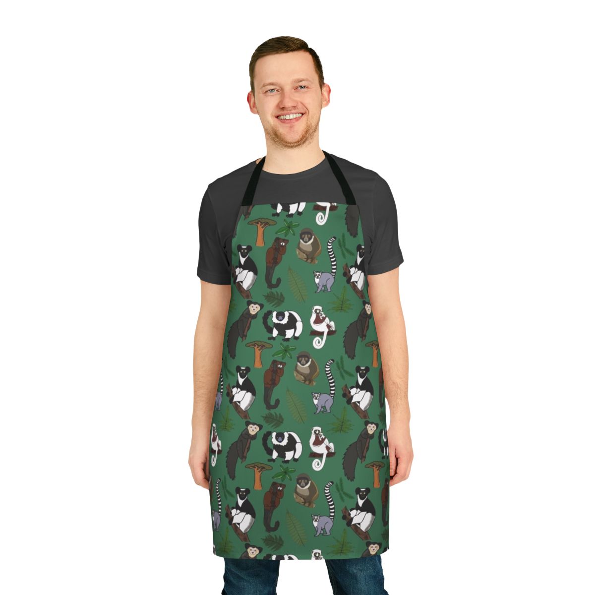 Vibrant apron featuring a playful lemur pattern, perfect for the environmentally-minded cook.