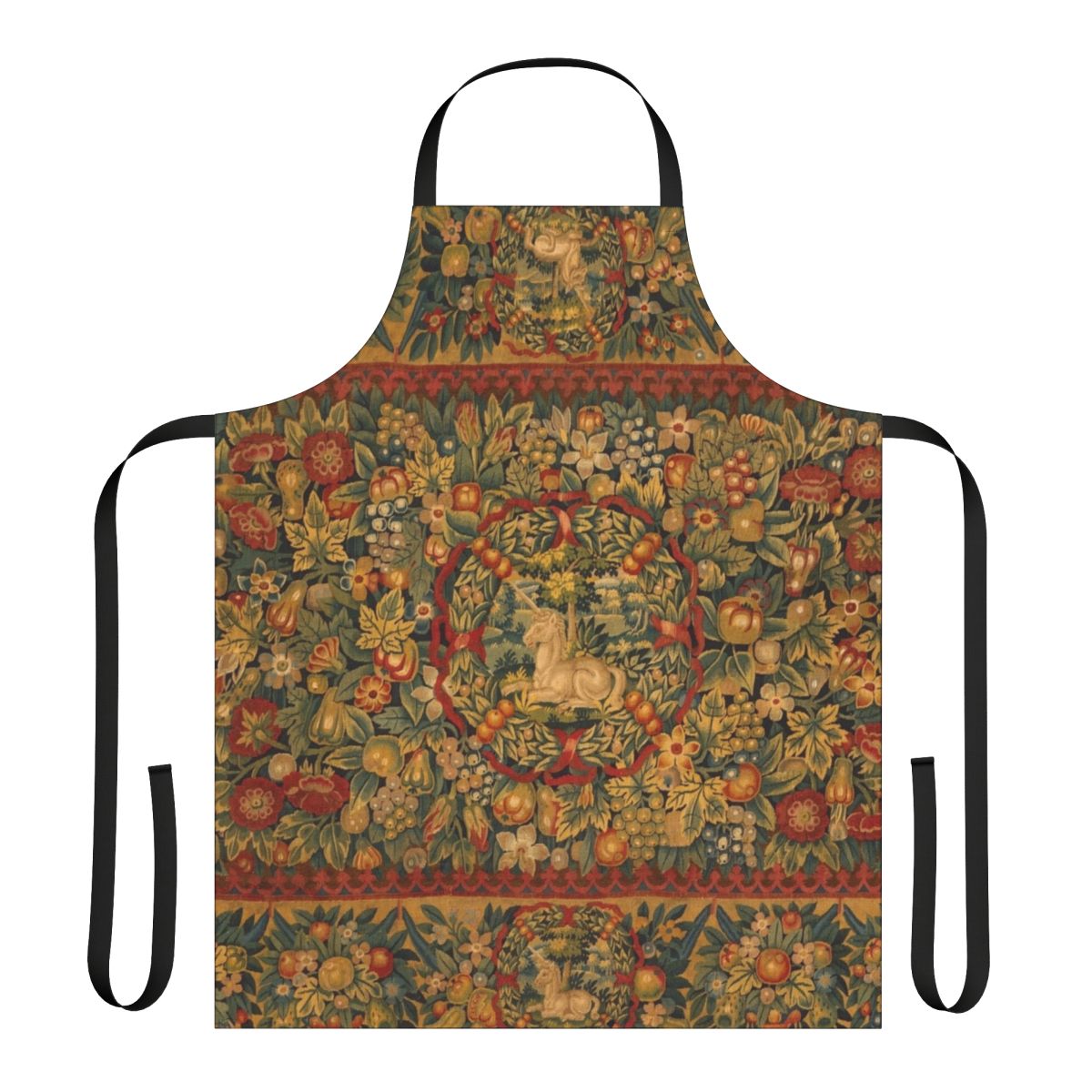 A medieval-style apron featuring a majestic unicorn and elegant floral tapestry design.
