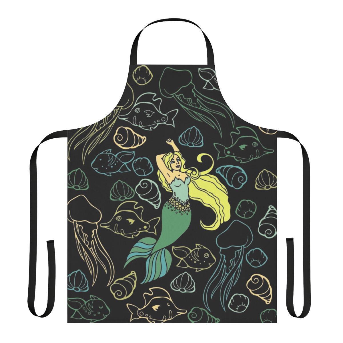 A whimsical apron featuring a beautiful mermaid swimming in the ocean