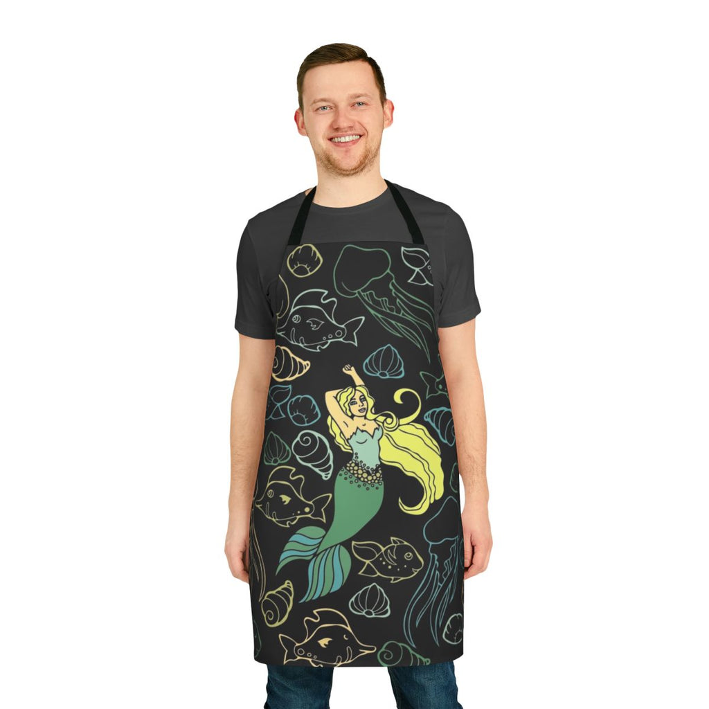 A whimsical apron featuring a beautiful mermaid swimming in the ocean