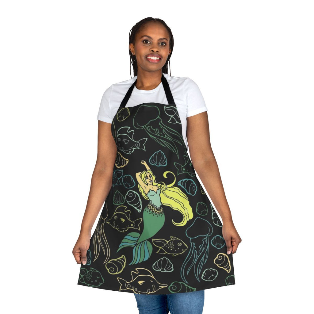 A whimsical apron featuring a beautiful mermaid swimming in the ocean