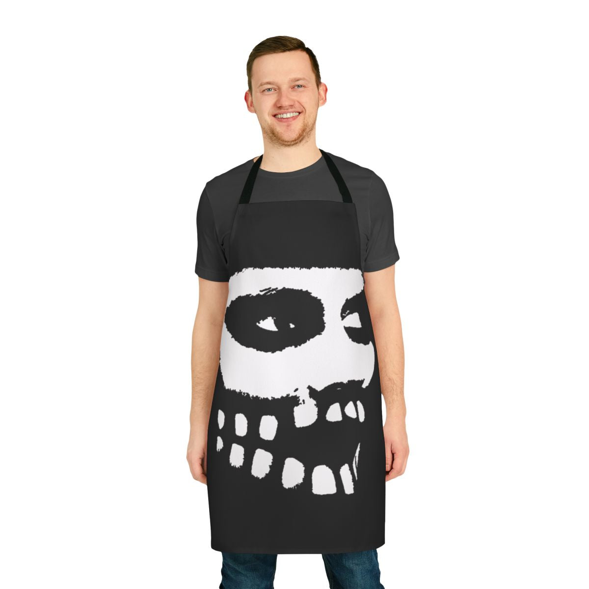 Artistic black and white apron featuring a minimalist facial design, inspired by the Fever Ray musical project.