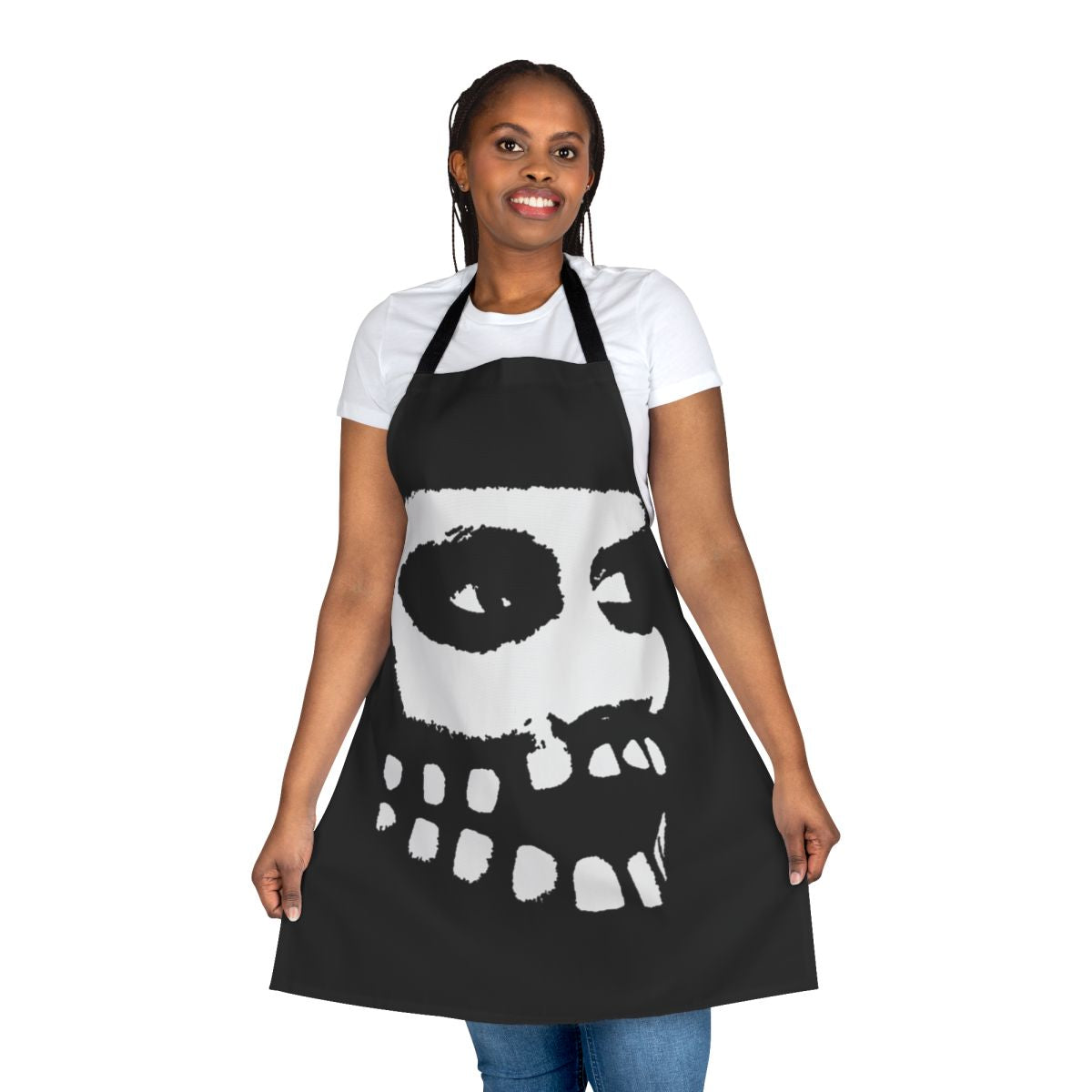 Artistic black and white apron featuring a minimalist facial design, inspired by the Fever Ray musical project.
