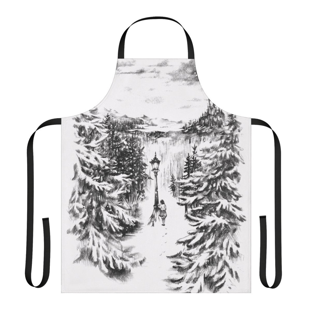 Narnia-inspired winter apron featuring the lamp post, lion, and other iconic elements from The Lion, The Witch, and The Wardrobe