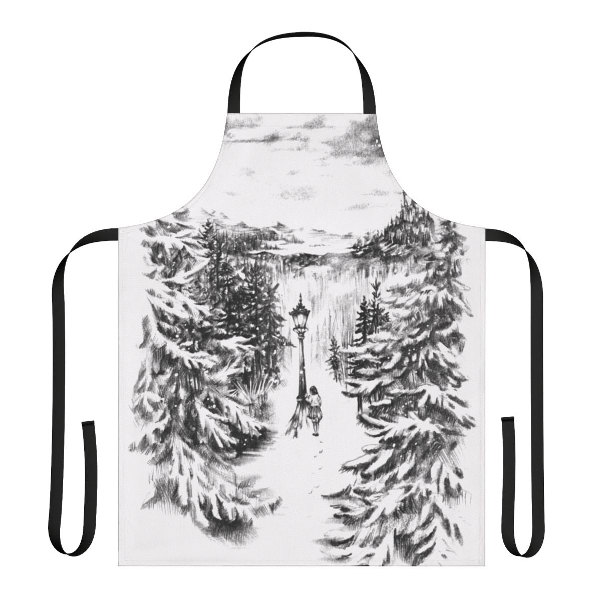 Narnia-inspired winter apron featuring the lamp post, lion, and other iconic elements from The Lion, The Witch, and The Wardrobe