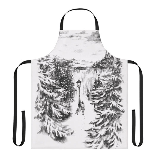 Narnia-inspired winter apron featuring the lamp post, lion, and other iconic elements from The Lion, The Witch, and The Wardrobe