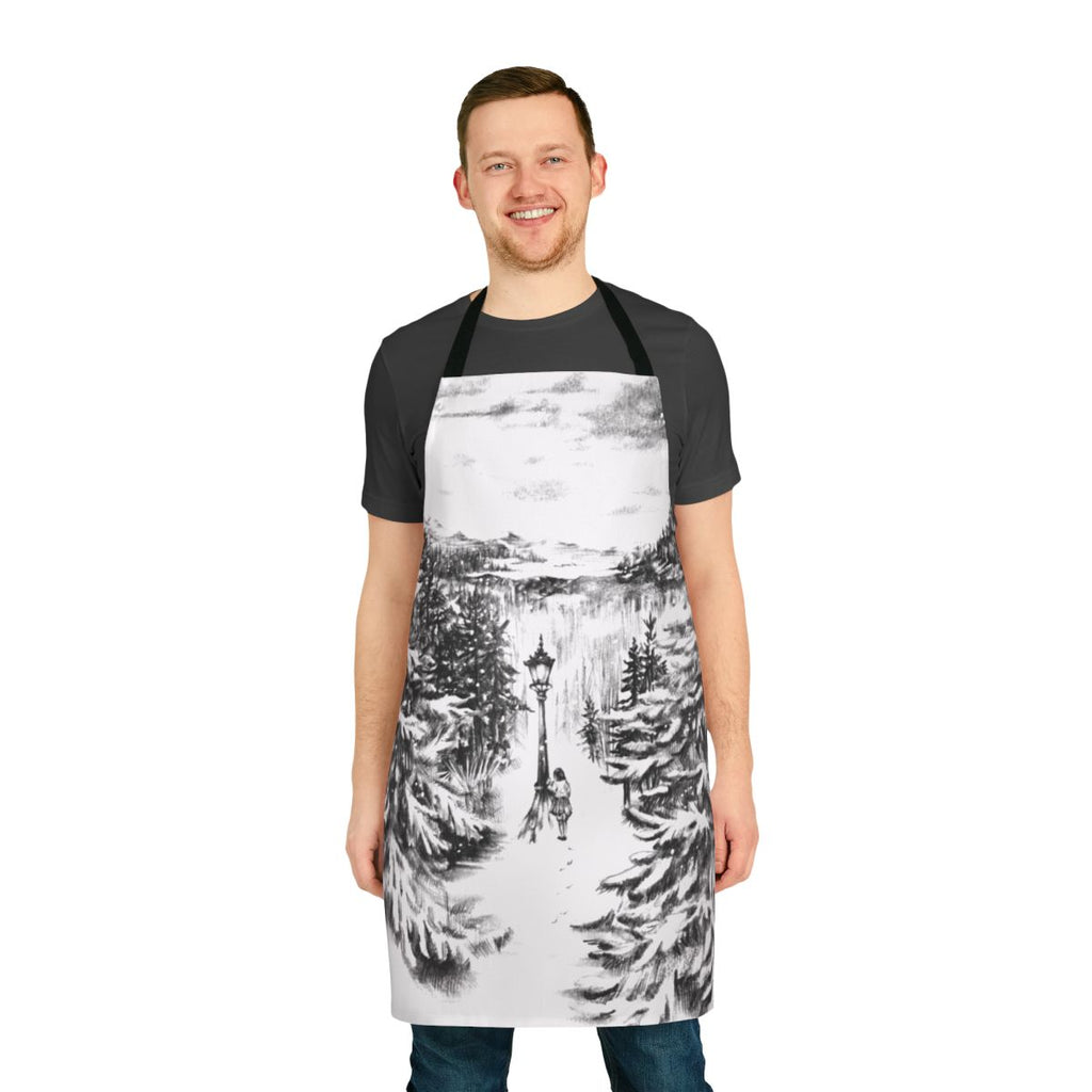 Narnia-inspired winter apron featuring the lamp post, lion, and other iconic elements from The Lion, The Witch, and The Wardrobe