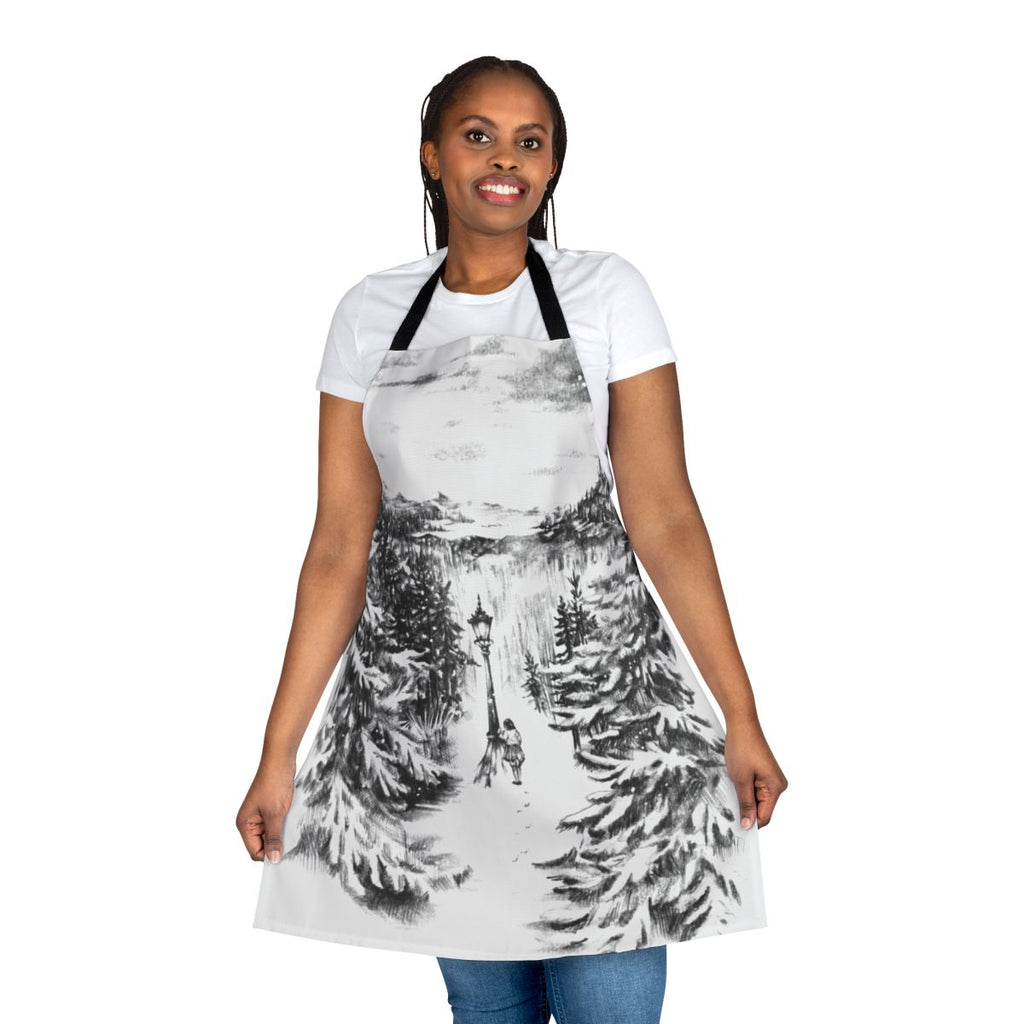 Narnia-inspired winter apron featuring the lamp post, lion, and other iconic elements from The Lion, The Witch, and The Wardrobe