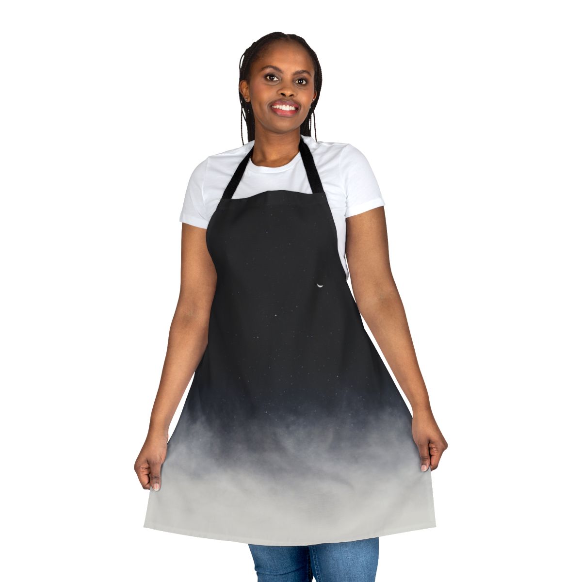 Apron featuring a stunning night sky landscape with the moon, clouds, and stars.