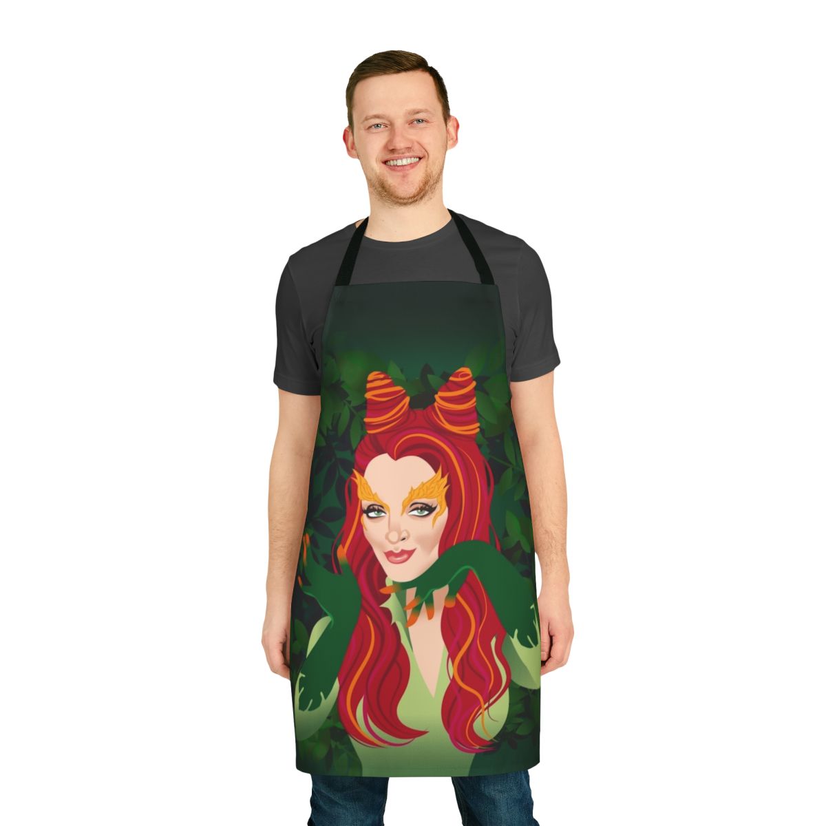 Artistic "Poisonous Kiss" design apron featuring the work of Alejandro Mogollo