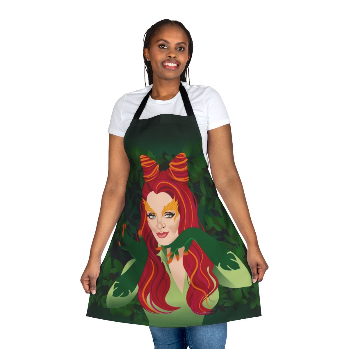 Artistic "Poisonous Kiss" design apron featuring the work of Alejandro Mogollo
