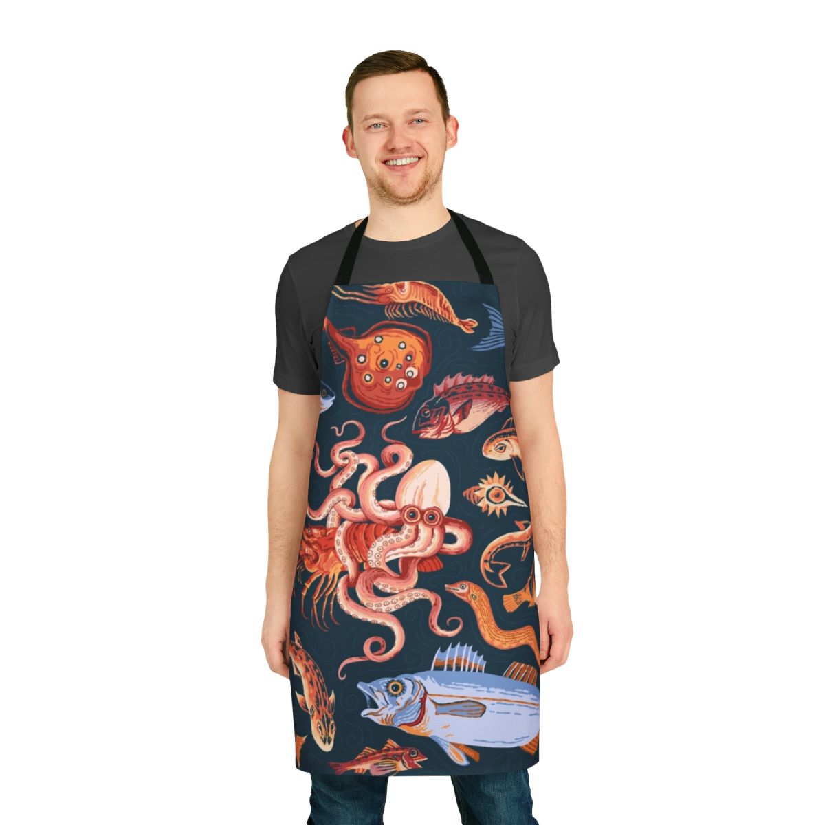 Pompeii-inspired mosaic apron featuring marine life design
