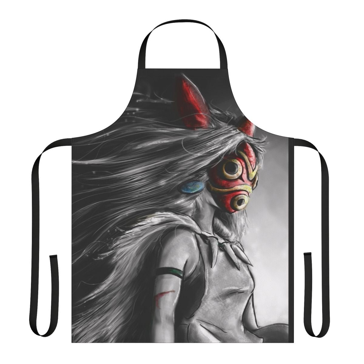 Enchanting illustration of a princess facing a wolf in a forest setting, featured on a high-quality apron.