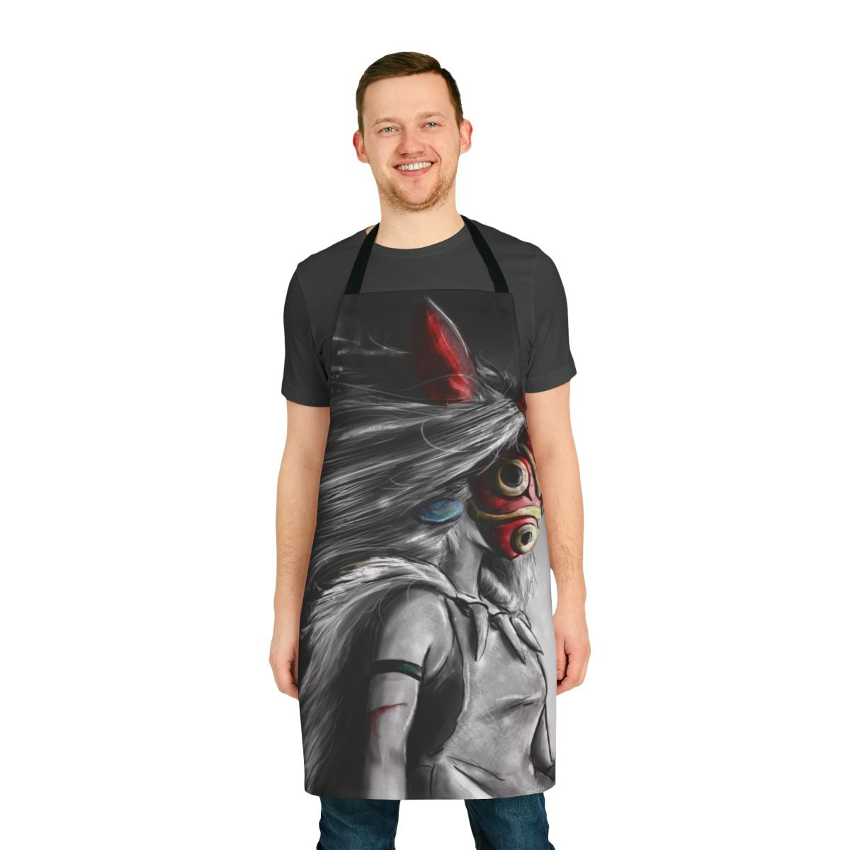 Enchanting illustration of a princess facing a wolf in a forest setting, featured on a high-quality apron.