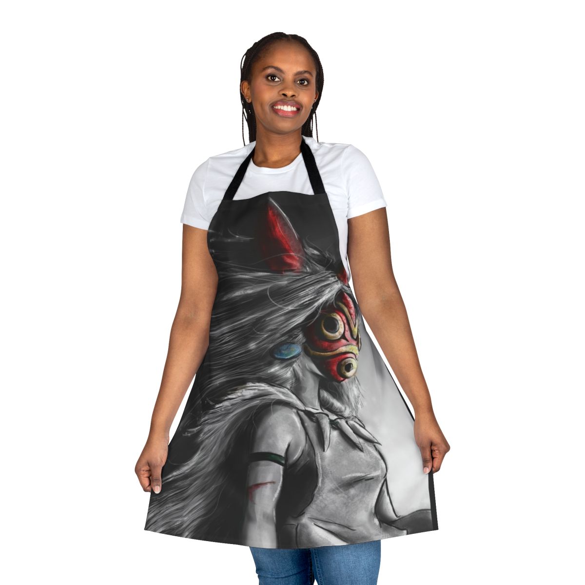 Enchanting illustration of a princess facing a wolf in a forest setting, featured on a high-quality apron.
