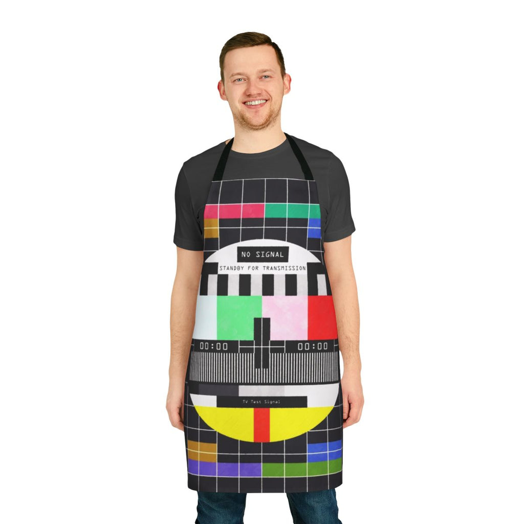 Retro-inspired apron with a vibrant, glitchy digital art design