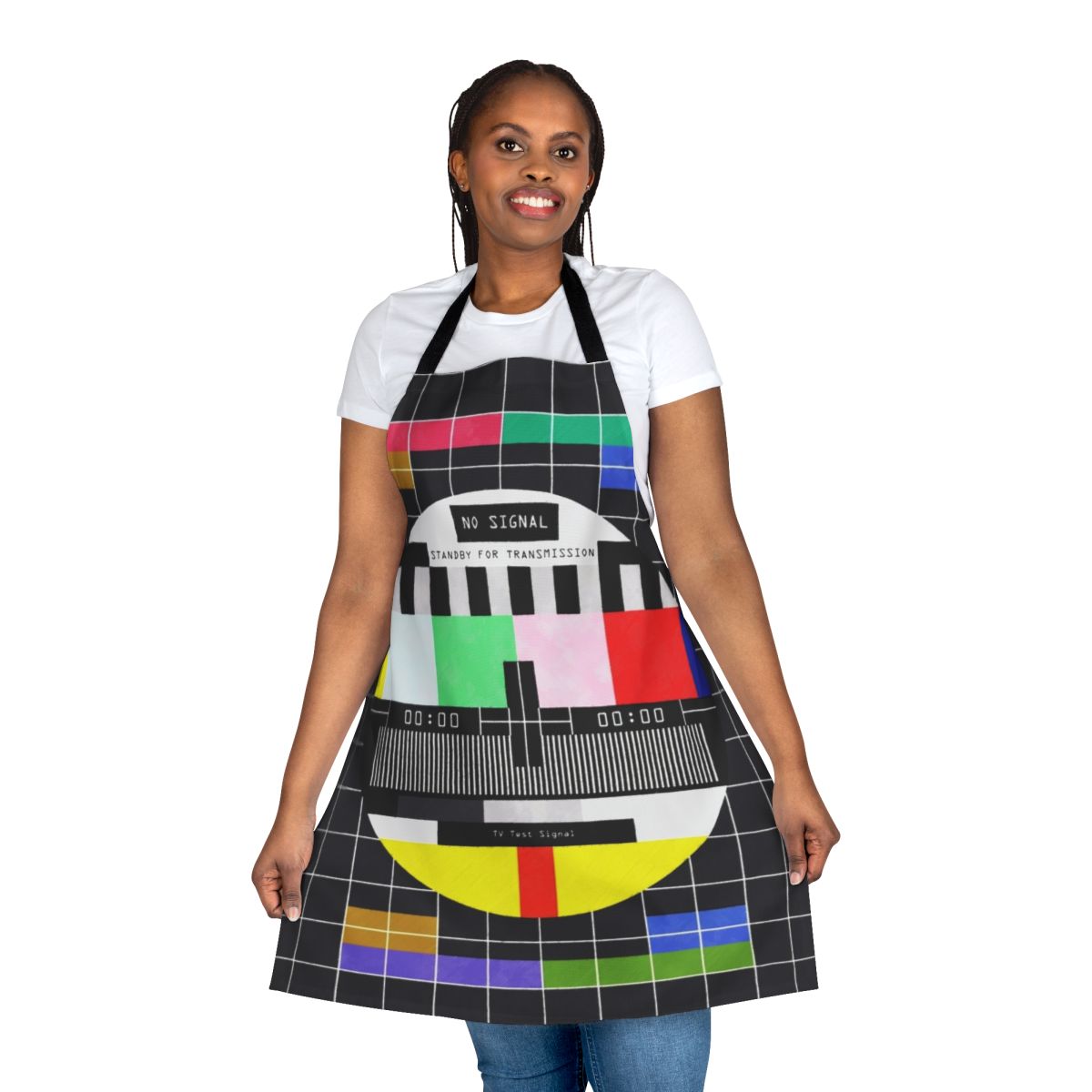 Retro-inspired apron with a vibrant, glitchy digital art design