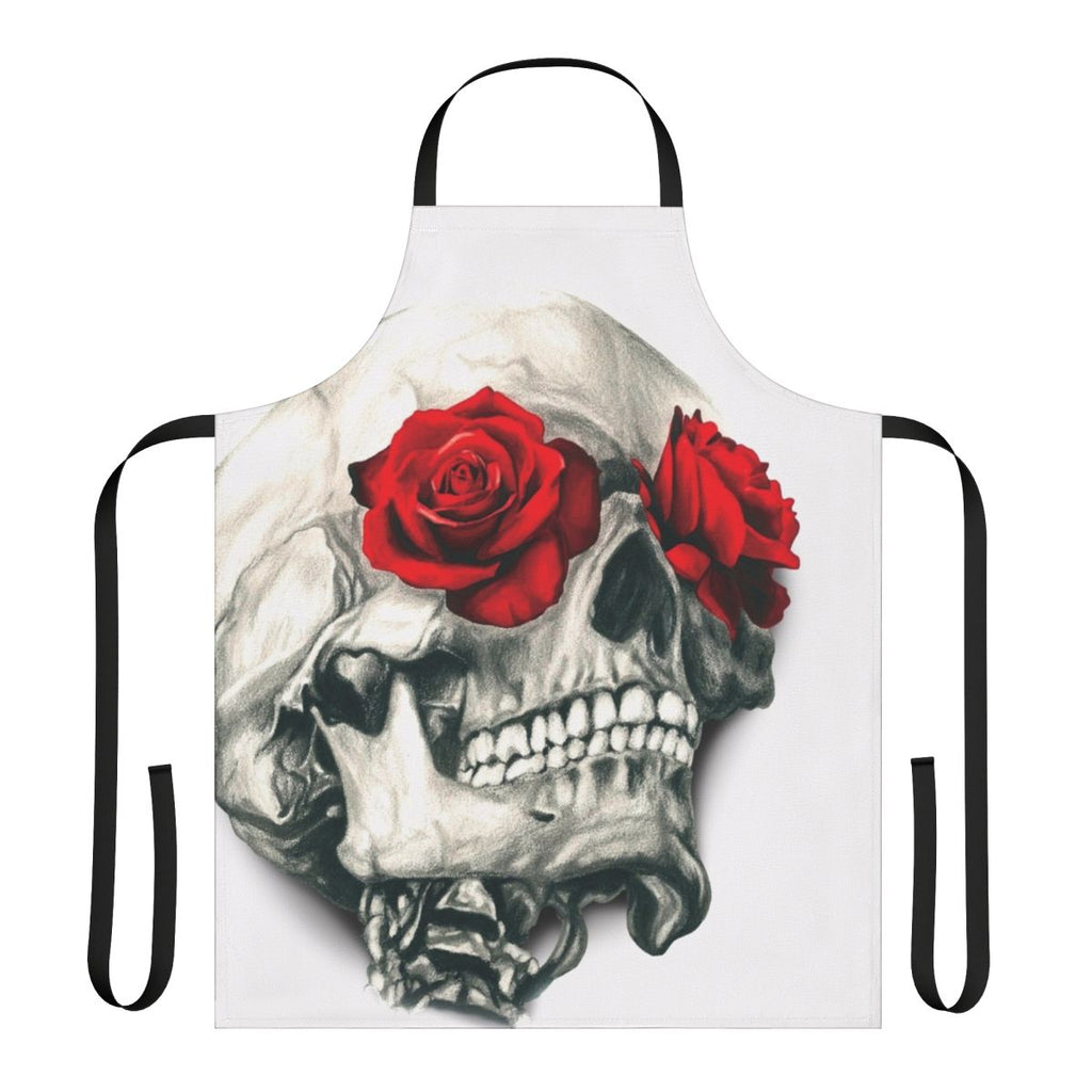 Stunning rose and skull design apron for modern, artistic home chefs and hosts.