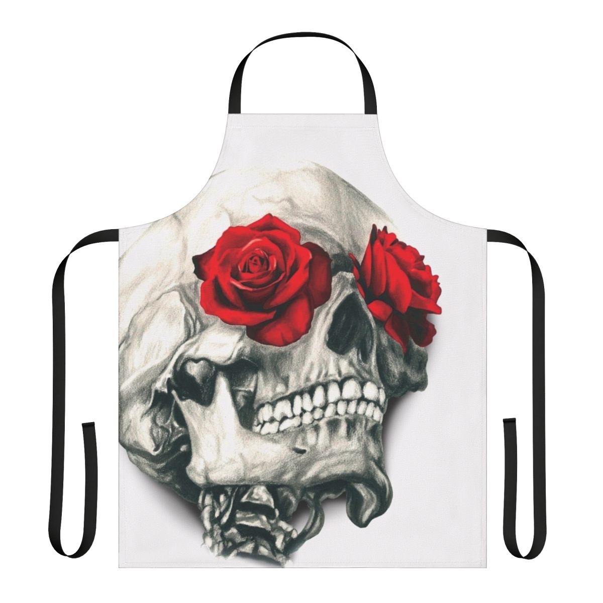 Stunning rose and skull design apron for modern, artistic home chefs and hosts.