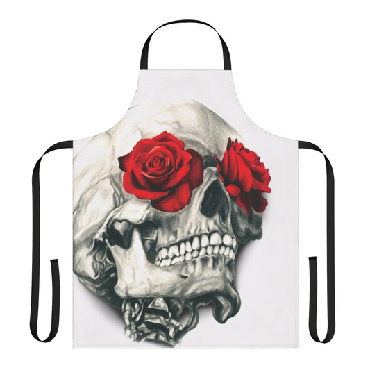 Stunning rose and skull design apron for modern, artistic home chefs and hosts.