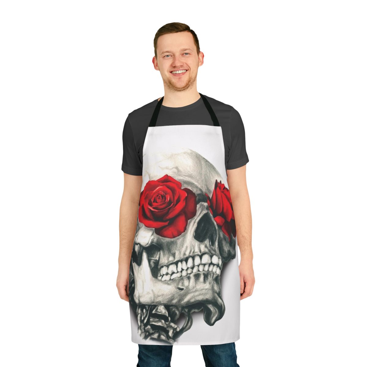 Stunning rose and skull design apron for modern, artistic home chefs and hosts.