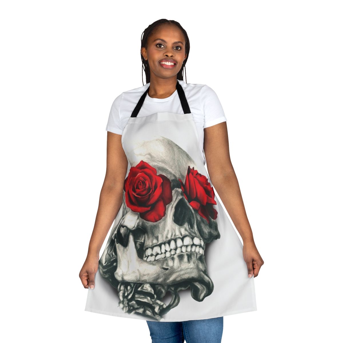 Stunning rose and skull design apron for modern, artistic home chefs and hosts.