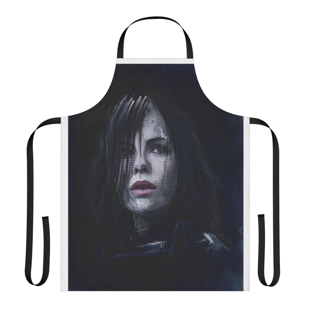 Elegant black apron featuring the iconic Selene character from the Underworld franchise, designed for fans of gothic and fantasy fashion.