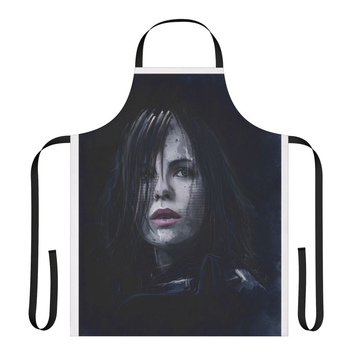 Elegant black apron featuring the iconic Selene character from the Underworld franchise, designed for fans of gothic and fantasy fashion.