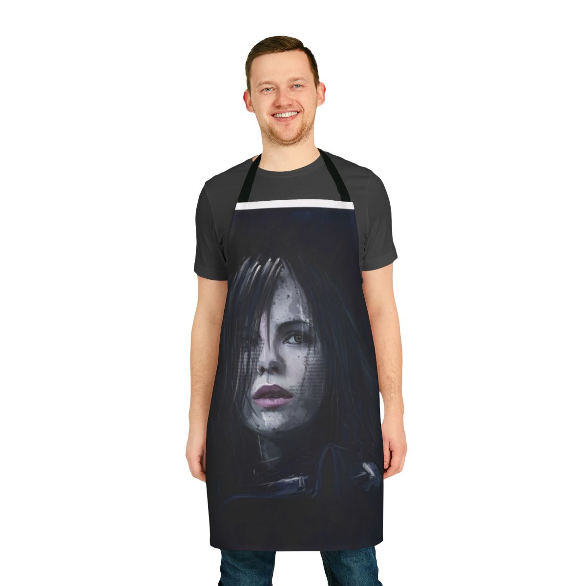 Elegant black apron featuring the iconic Selene character from the Underworld franchise, designed for fans of gothic and fantasy fashion.