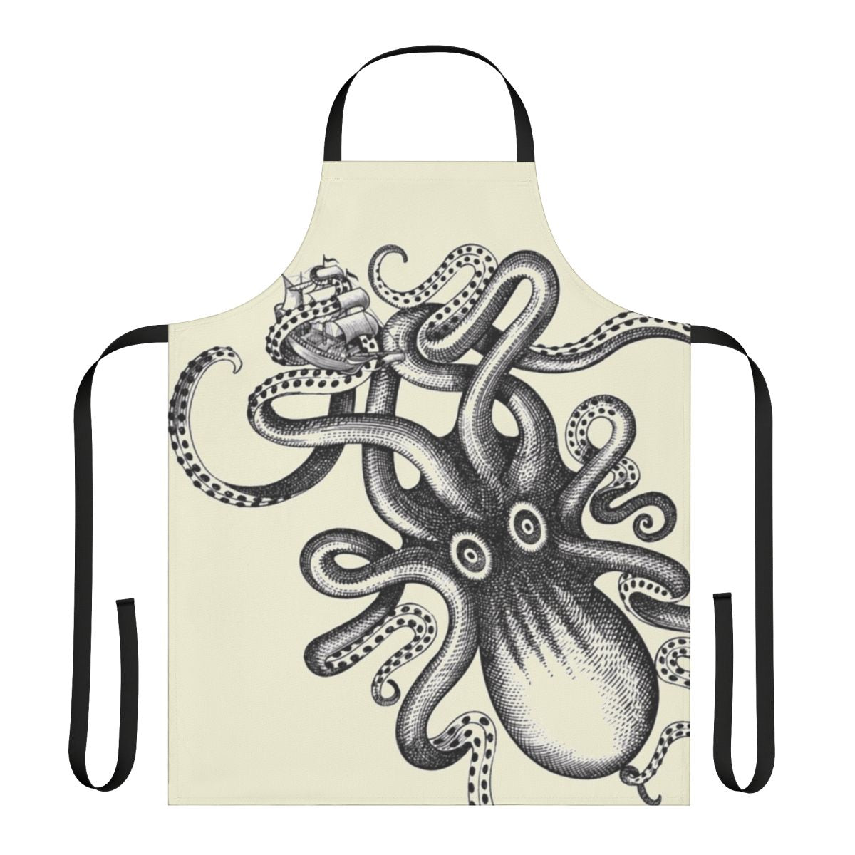 A vibrant and detailed apron featuring a large squid design, perfect for kitchen or outdoor use.