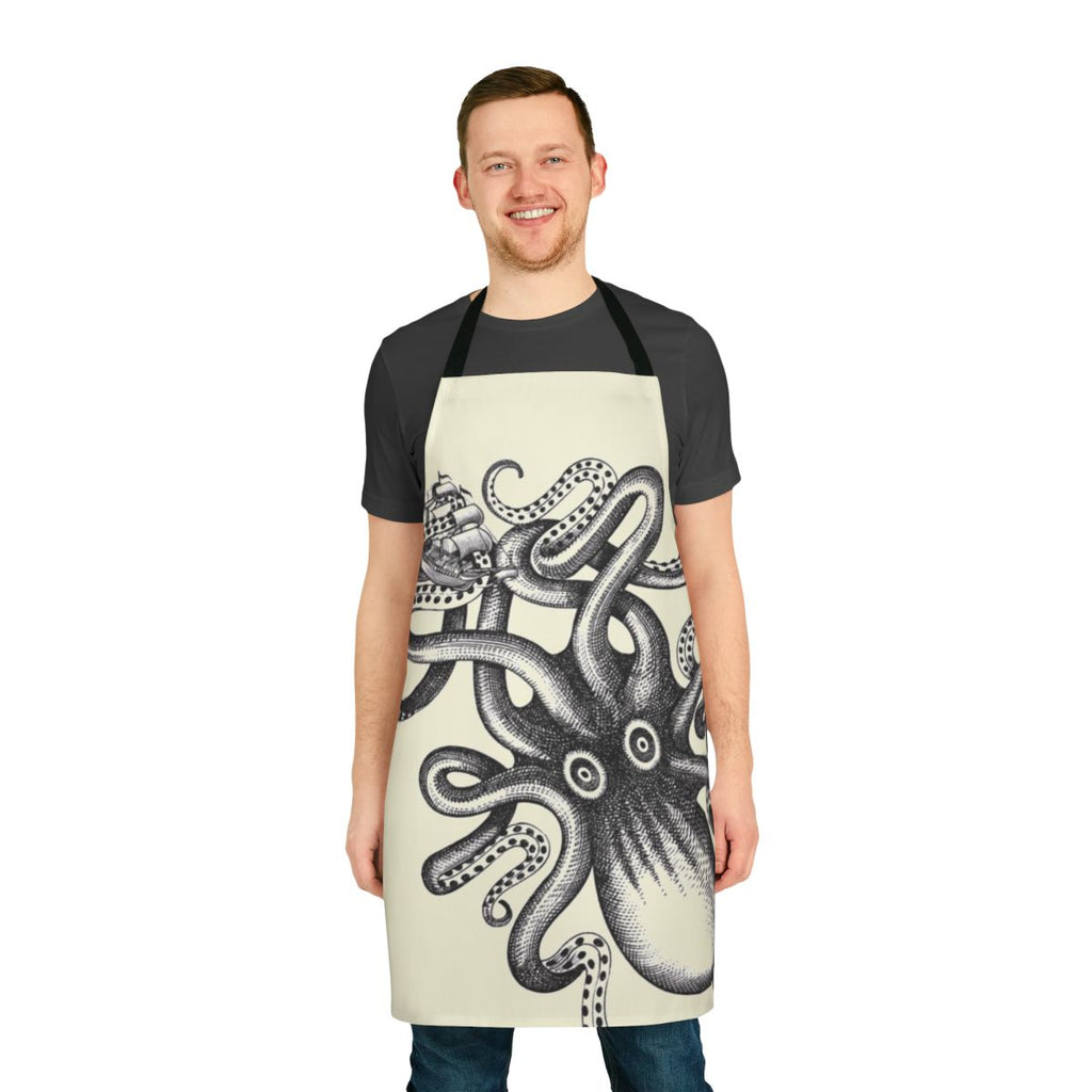 A vibrant and detailed apron featuring a large squid design, perfect for kitchen or outdoor use.