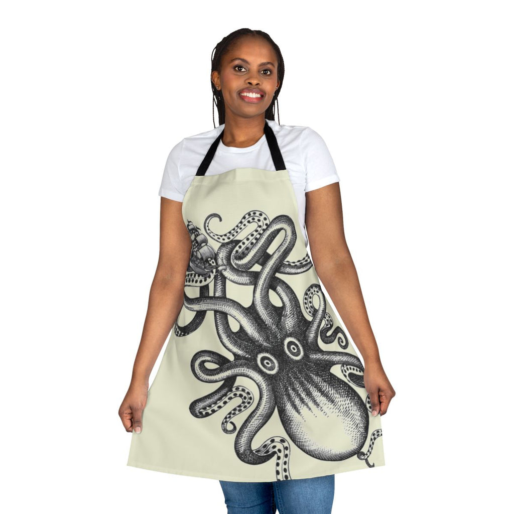 A vibrant and detailed apron featuring a large squid design, perfect for kitchen or outdoor use.