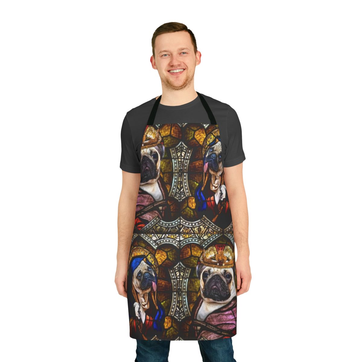 Stunning stained glass design featuring a pug on a durable, high-quality apron