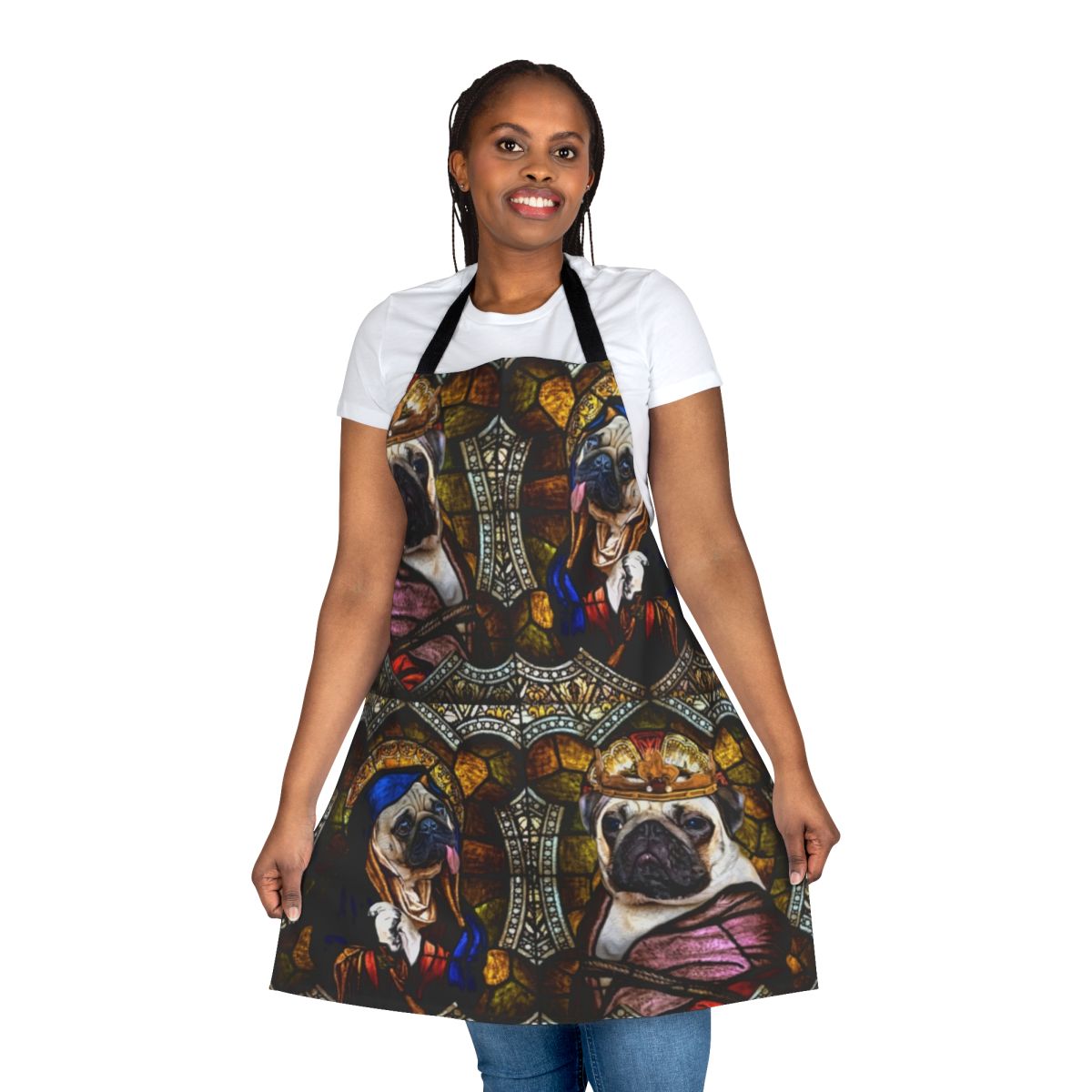 Stunning stained glass design featuring a pug on a durable, high-quality apron