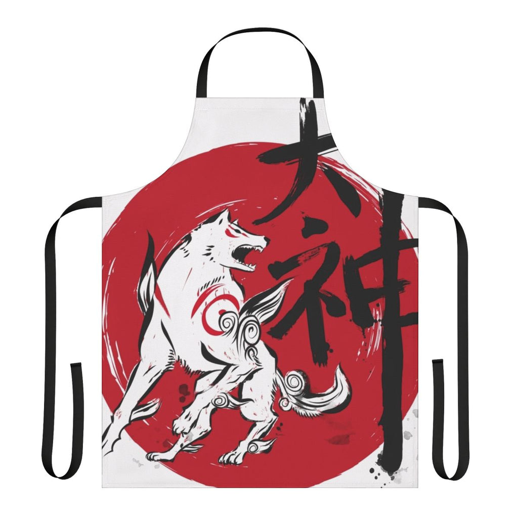 Sumi-E inspired apron featuring a majestic wolf design, perfect for fans of Japanese art and the video game Okami.