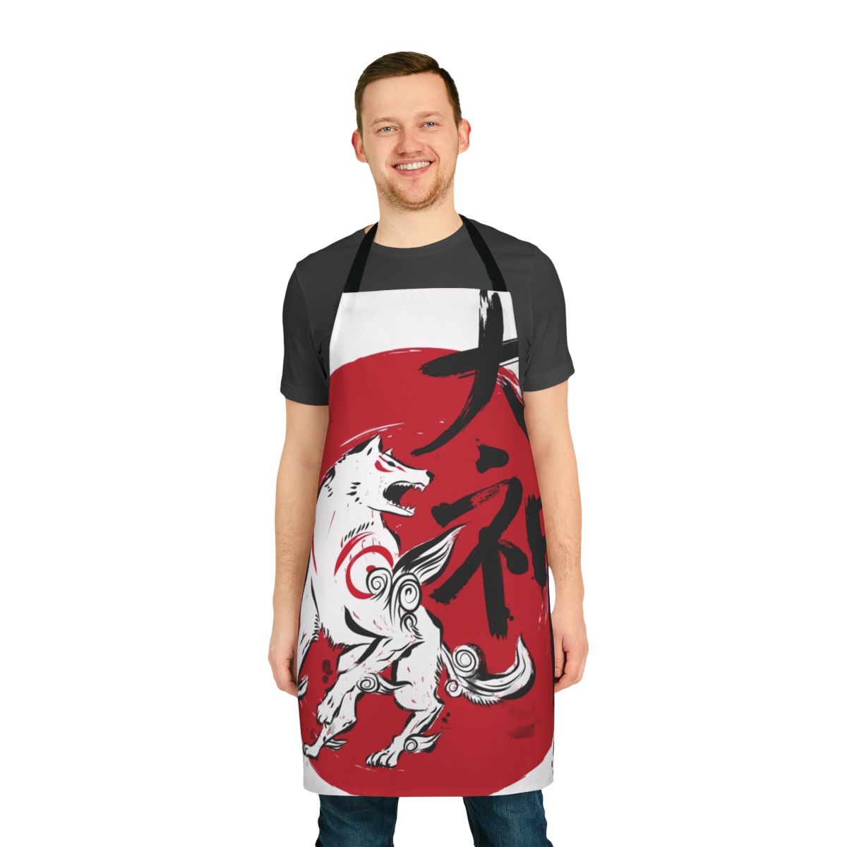 Sumi-E inspired apron featuring a majestic wolf design, perfect for fans of Japanese art and the video game Okami.