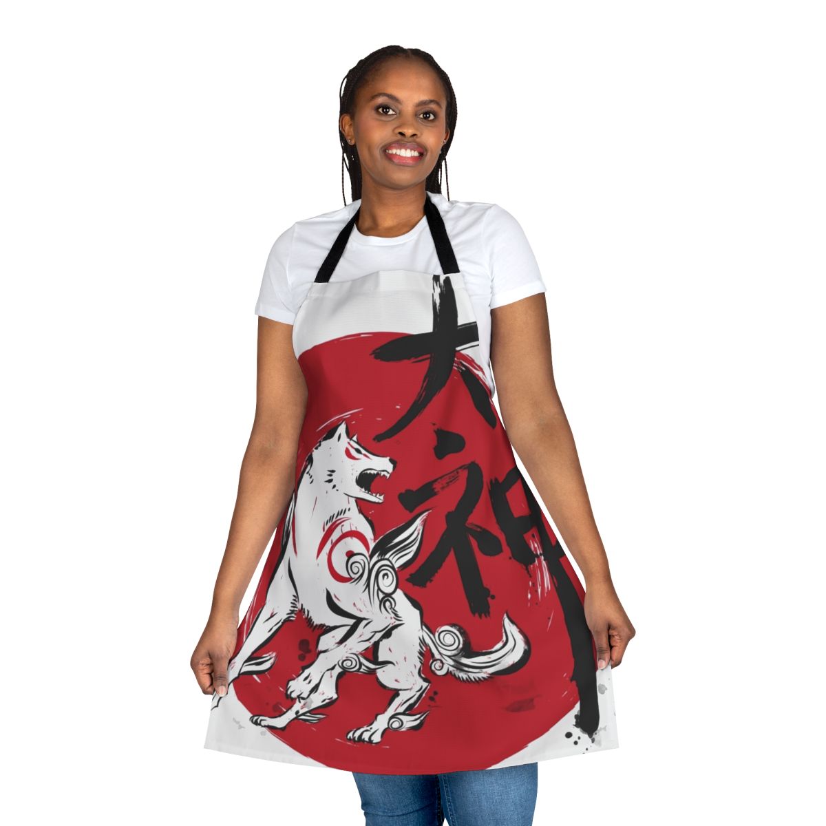 Sumi-E inspired apron featuring a majestic wolf design, perfect for fans of Japanese art and the video game Okami.
