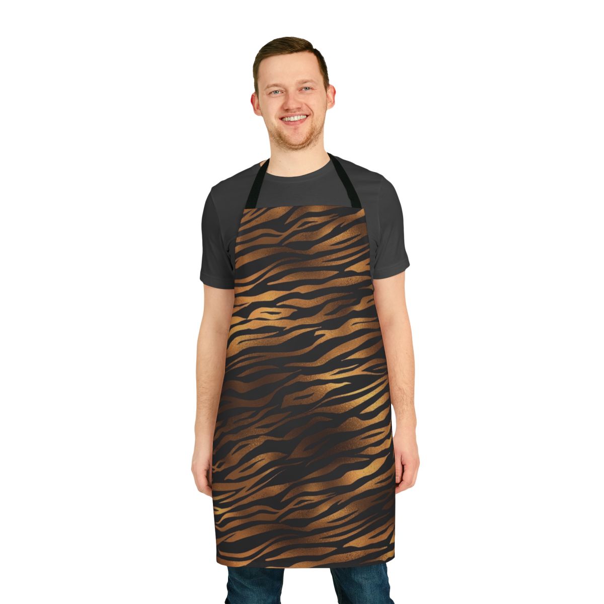 Vibrant tiger print apron with realistic stripes and fur pattern