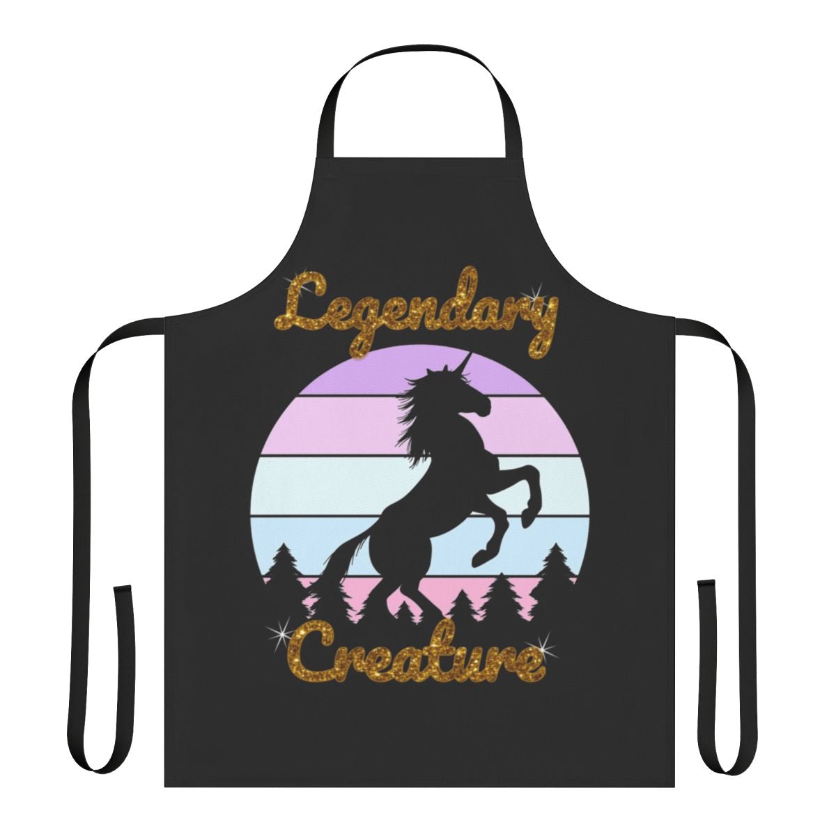 A white unicorn with a rainbow horn on a green foliage background, printed on a high-quality apron.