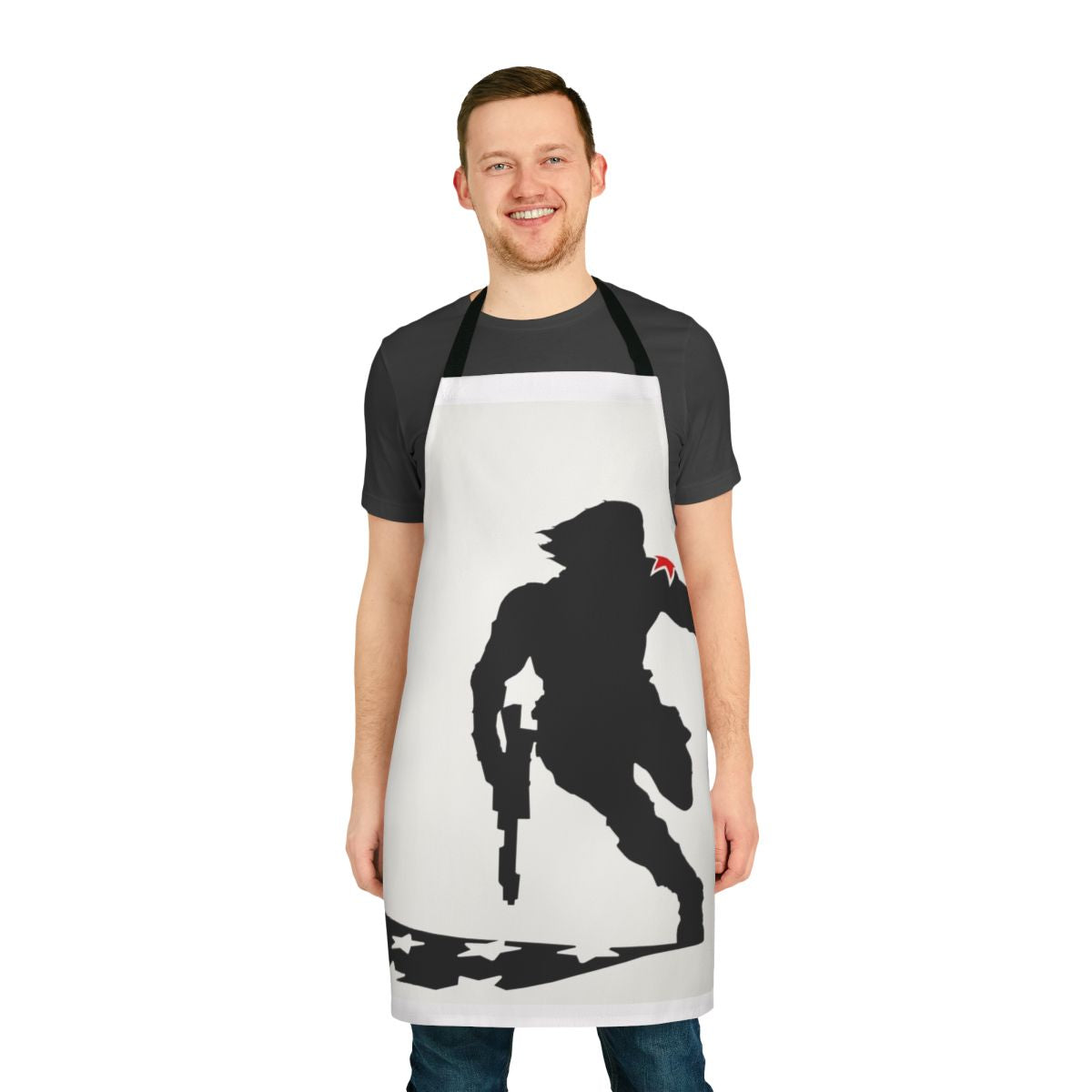 An apron featuring the iconic silhouette of the Winter Soldier, a beloved Marvel character.