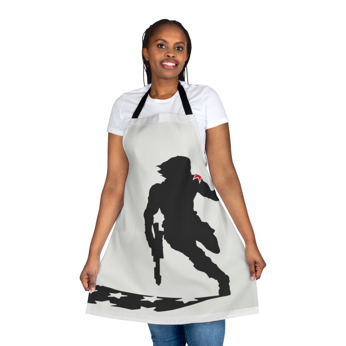 An apron featuring the iconic silhouette of the Winter Soldier, a beloved Marvel character.