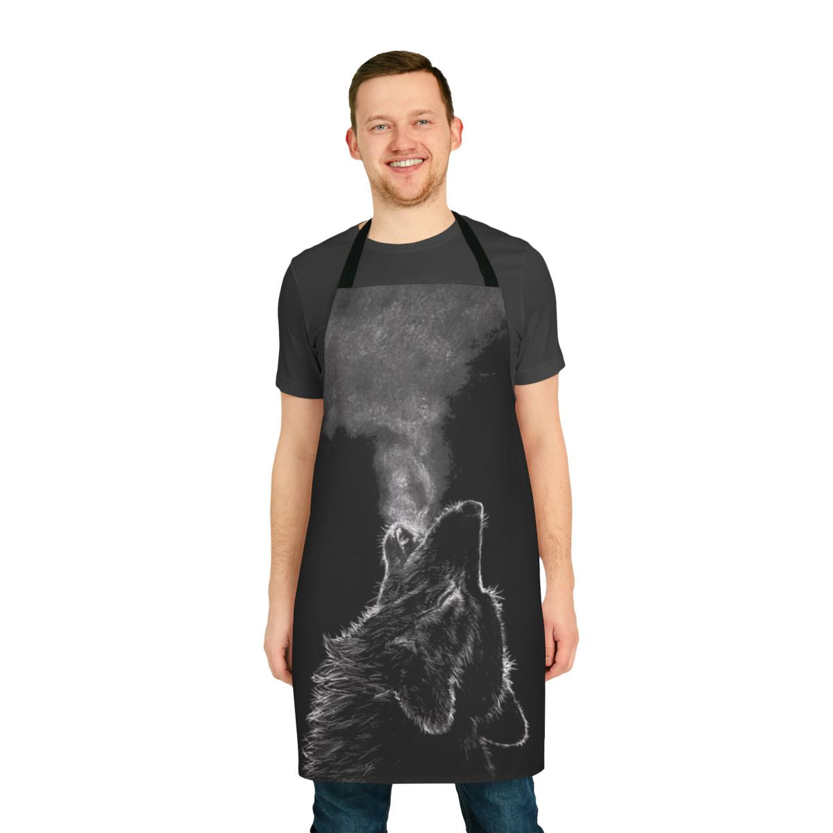 Charming wolf-themed apron with a striking black and white design