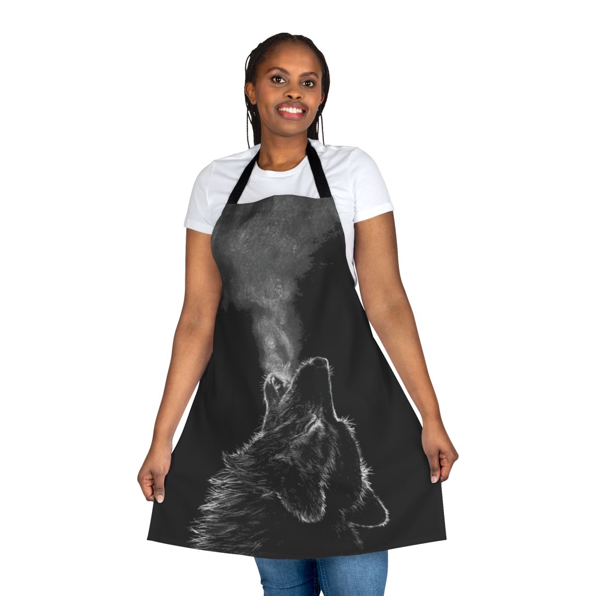 Charming wolf-themed apron with a striking black and white design