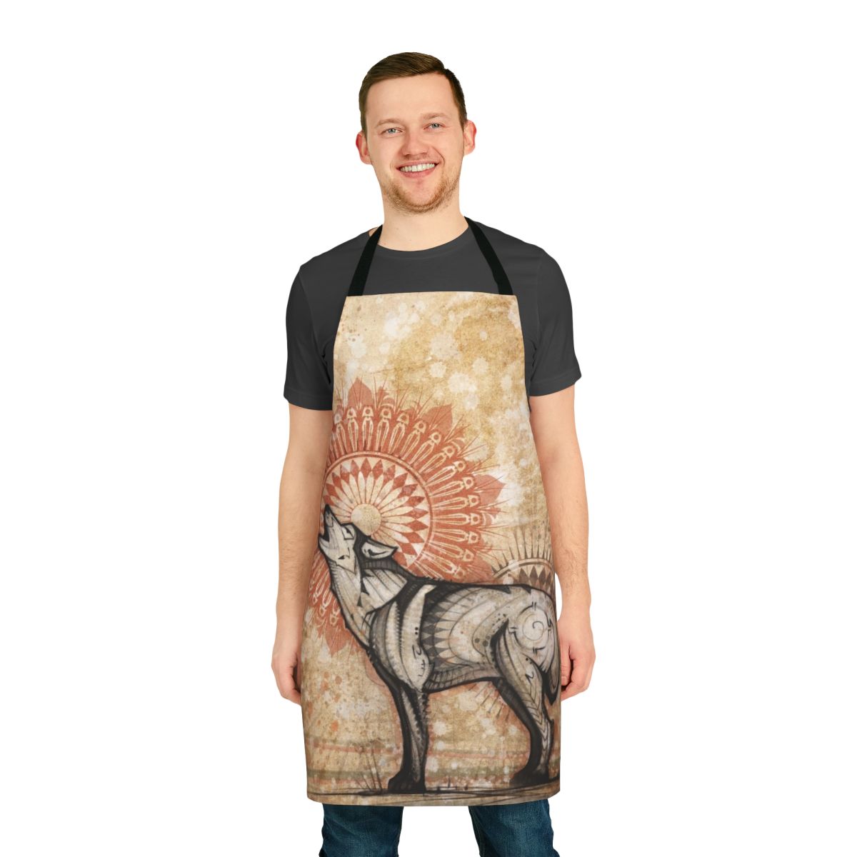 Wolf totem apron with mandala and dimensional artwork