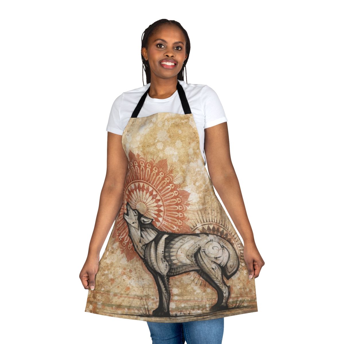 Wolf totem apron with mandala and dimensional artwork